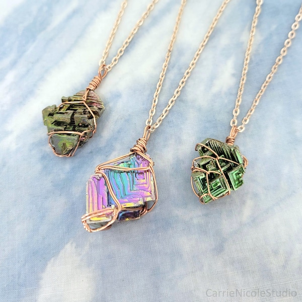 Rainbow Bismuth Crystal Rose Gold Wire Wrapped Necklace - Boho Yoga Jewelry - Hippie Rainbow Chakra Healing Stone Pendant - Gift for Yogi