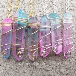 Pastel Goth Aura Quartz Crystal Choker Necklace Wire Wrapped Pendant Cotton Candy Pink and Blue Fairycore Jewelry Fairy Kei Kawaii image 3