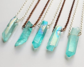 Dainty Aqua Aura Quartz Crystal Necklace - Raw Crystal Necklace - Mermaid Necklace - Boho Necklace - Blue Quartz - Cyan Crystal Necklace