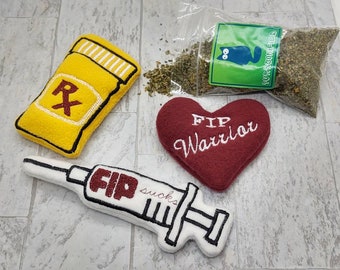 Refillable Cat Toys  - F.I.P Sucks Catnip Toy Set- FIP Sucks Syringe, Rattling RX Pill Bottle, FIP Awareness Heart