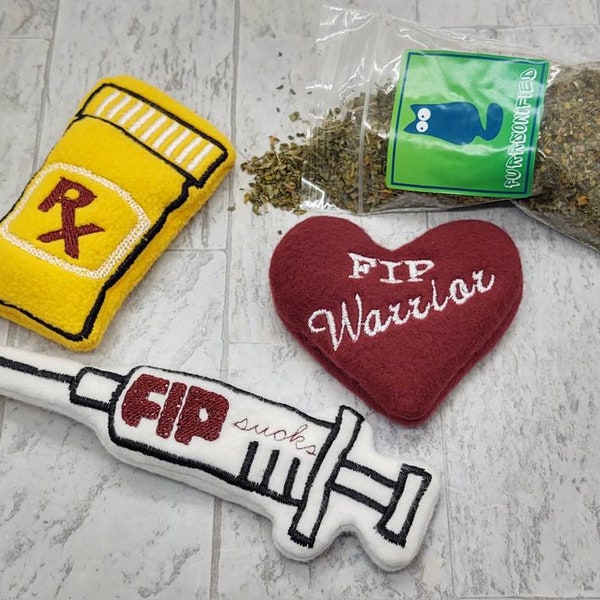 Refillable Cat Toys  - F.I.P Sucks Catnip Toy Set- FIP Sucks Syringe, Rattling RX Pill Bottle, FIP Awareness Heart