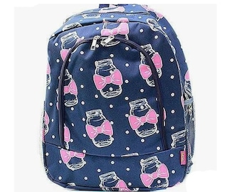 Personalized Mason Jar Backpack farmhouse southern country style Monogrammed backpack farmhouse bows navy pink polka dot preppy