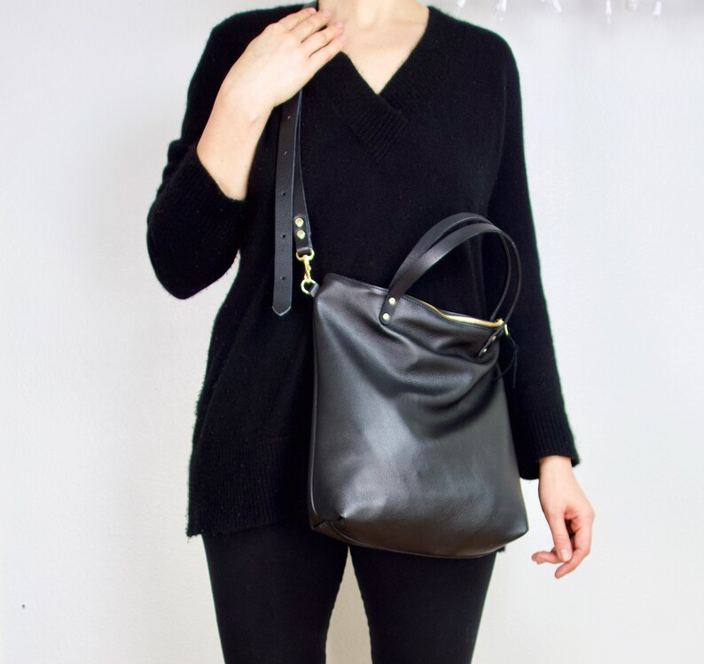 Soft black leather zippered tote bag for women black leather Etsy