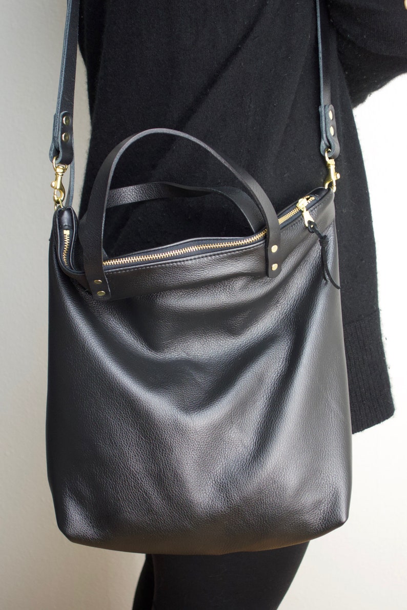 Soft black leather zippered tote bag for women black leather Etsy