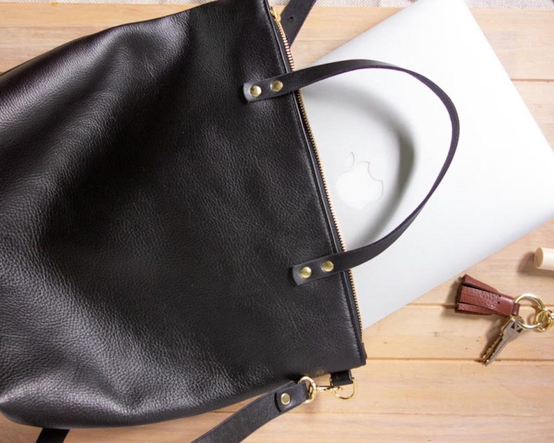 Soft black leather zippered tote bag for women black leather Etsy