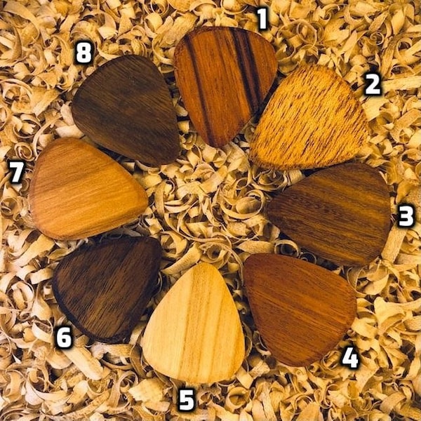 Handmade Wooden Guitar Plectrums and Picks (73 Different Domestic & Exotic Wood Species)