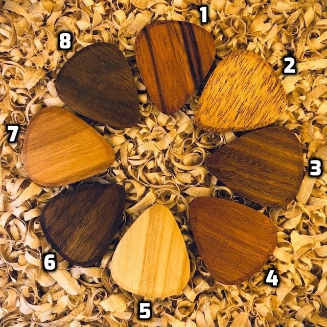 Handmade Wooden Guitar Plectrums and Picks (73 Different Domestic & Exotic Wood Species)
