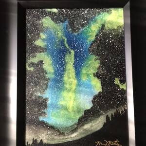 Landscape blue green and black nebula watercolor painting