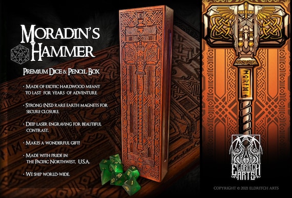 Moradin's Hammer Dice Box: Exotic Wood, Laser Engraved - Perfect for D&D and TTRPGs. Holds Dice, Pencils or Miniatures. Dwarves Rejoice!