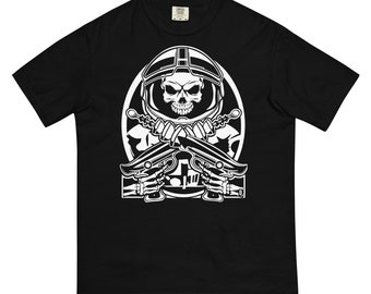 Space Pirate Outlaw (Rockets & Rayguns) by Eldritch Arts® - Gray on Black - Unisex Heavy Weight Tee