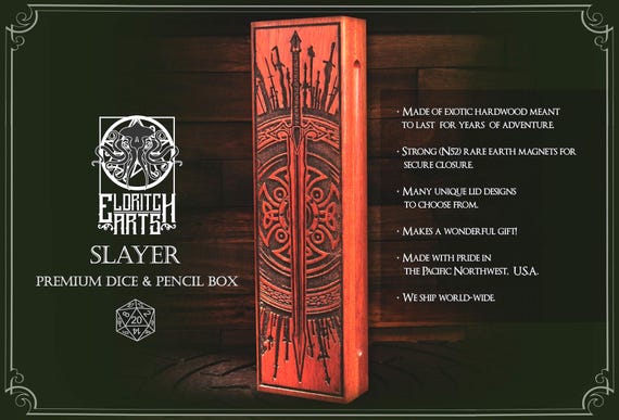 Slayer's Dice Vault: Fighter Themed Wooden RPG Storage Box for DnD, Pathfinder & Tabletop Gaming Accessories