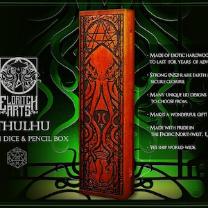 Cthulhu Dice Box - Exotic Wood, Laser Engraved - Ideal for Dungeons and Dragons, Pathfinder - Includes Space for Dice, Pencils, and or Minis