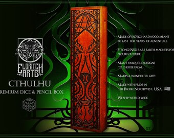 Cthulhu Dice & Pencil Box - Exotic Wood, Laser Engraved - Ideal for Dungeons and Dragons, Pathfinder - Space for Dice, Pencils, and or Minis