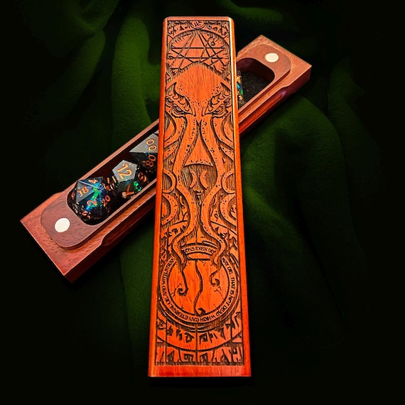 Cthulhu Dice Box - Exotic Hardwood - Laser Engraved RPG Dice Storage - Lovecraft, Mythos, Call of Cthulhu, Gaming Gift - Personalizable