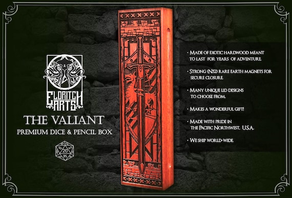 Valiant Dice Box: Personalizable RPG Accessory for Players of D&D, Pathfinder - Wooden Storage with Paladin Design