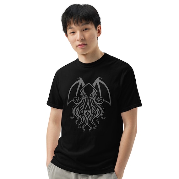 Cthulhu by Eldritch Arts® - Front and Back Printed Gray on Black Tee - Mens/Unisex