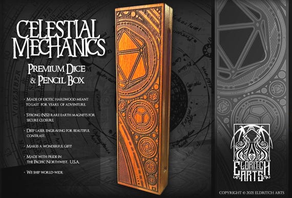 Celestial Mechanics - Pencil, Dice and Mini Box: Handcrafted Wooden Vault Accessory for D&D, Pathfinder, and Tabletop Role Playing Games