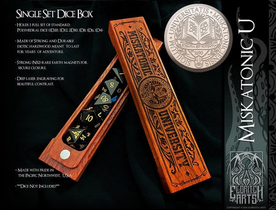 Miskatonic U Dice Box - Mythos Themed  - Dungeons and Dragons, DnD, Pathfinder, Table Top Role Playing & Gaming Accessories by Eldritch Arts