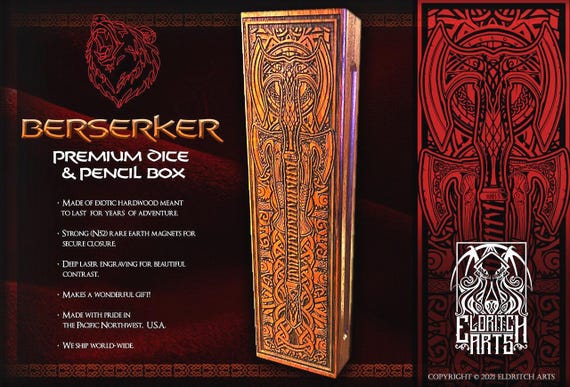 Grand Berserker Dice Vault: Wooden Dice & Mini Storage RPG Accessory for DND, Pathfinder, and Tabletop Gaming