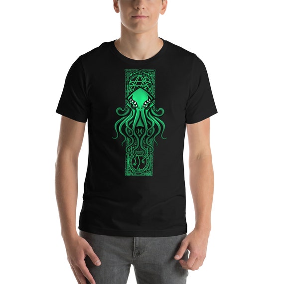 Cthulhu Obelisk - Eldritch Arts - Lovecraftian Mascot on Unisex Soft Black 100% Cotton Tee