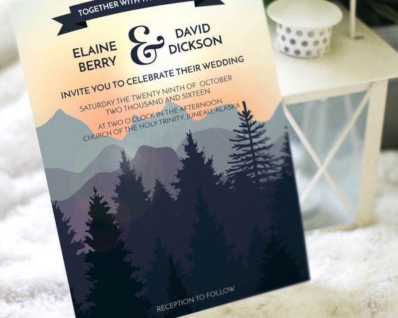 wedding invitation printable, mountain design wedding stationery, mountains trees wedding design, printable save the date, nature invite Il_570xn