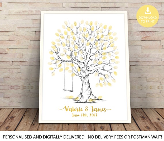 gold guestbook alternative, gold glitter wedding centrepiece, Gold wedding fingerprint tree, thumbprint tree with swing, guest sign Il_570xn