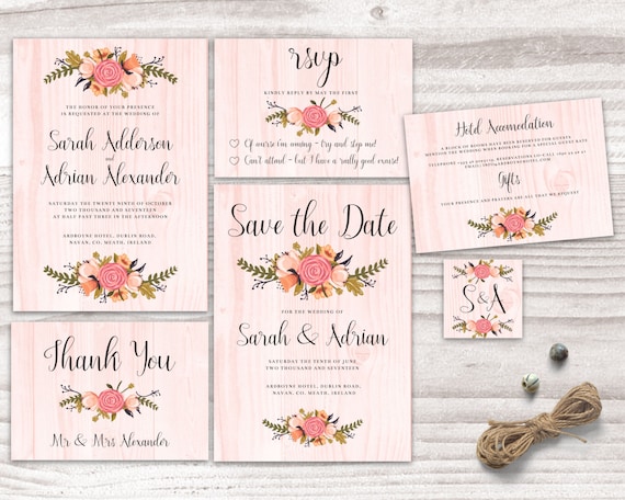 Printable Wedding Invitation, flowers invite floral rustic wood peach pink colourful stationary diy instant download digital marriage Il_570xn
