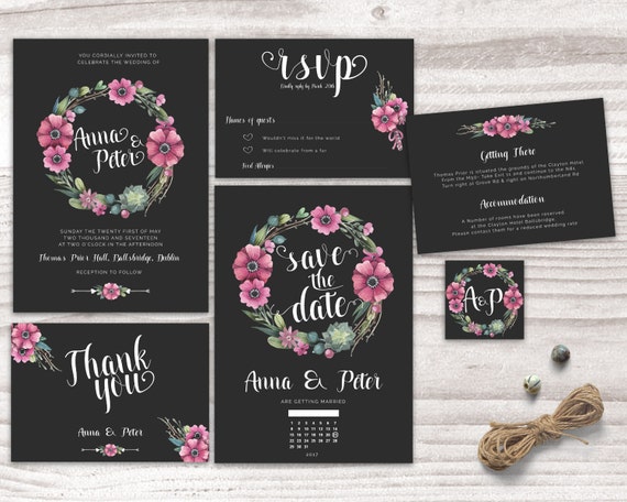 wedding invitation printable, printable wedding invitation, printable invitation set, black wedding stationery, black floral wedding invite Il_570xn