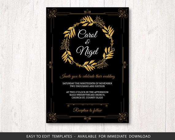 gold black wedding invite template set printable wedding invitation black invitation template