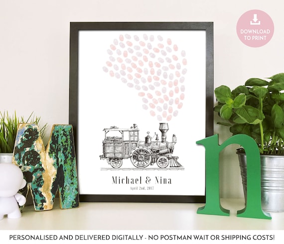 Steam train wedding guestbook guestbook, thumbprint thumb print keepsakes, wedding memento fingerprint, canvas fingerprint tree ideas ink Il_570xn