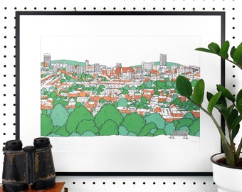 SHEFFIELD VIEW SCREENPRINT - City Skyline from Meersbrook Park Illustration - Limited Edition & Free Delivery