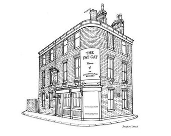 Fat Cat Kelham Island Print - Sheffield Pub Illustration - Black and White 21cm Square