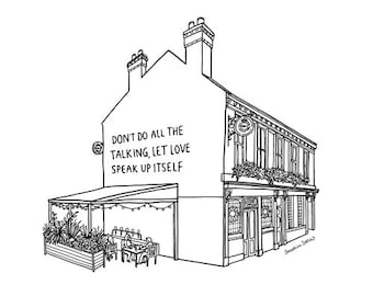 Riverside Pub, Kelham Island, Sheffield - Illustration Print - Black and White 21cm Square