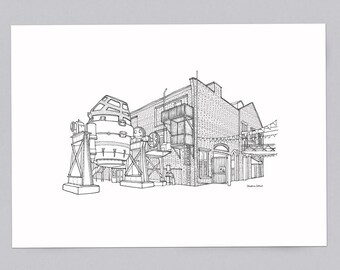 Kelham Island Museum - A3 Architecture Illustration Print - Sheffield Gift - Black and White Line Drawing