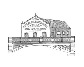 Alfred Beckett & Sons Print - Kelham Island, Sheffield - Building Illustration - Black and White 21cm Square