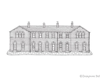 Impresión A4 de Saltaire, ilustración de casas adosadas, Jane Street