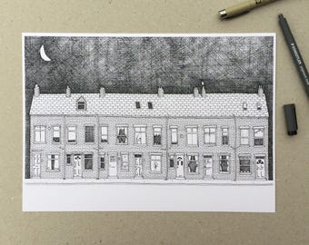 Yorkshire Terraces Illustration Print - Detailed, Black and White Houses, Architectural Buildings, Line Drawing, Quirky Wall Art, Leeds, A4