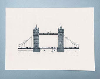 Tower Bridge London Illustration Screen Print - Signed, Limited Edition & Handmade - Grey, blue, white