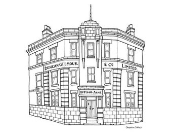 The Rutland Arms, Sheffield - Pub Illustration Print - Black and White 21cm Square