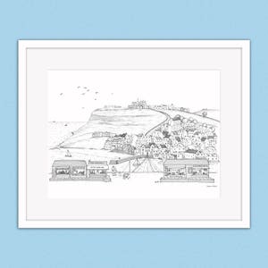 Personalised Whitby illustration print - black & white drawing - Yorkshire wall art - Whitby Valentines gift - Seaside town - Coastal art