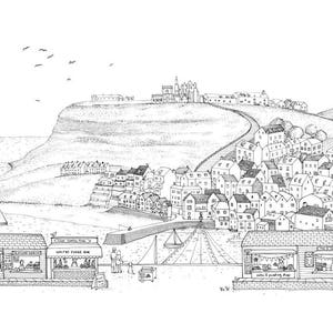 Whiby Illustration-Druck - schwarz weiß Zeichnung - Yorkshire Wandkunst - Valentinstag Geschenk - Küstenstadt am Meer - Yorkshire Wandkunst - Geschenk für Frau - Personifiziert