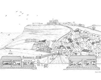 May include: A black and white line drawing of a seaside town with a church on a hill, shops, and houses. The drawing includes text for the shops, including "Whitby Fudge Bar" and "Cakes & Pudding Shop".