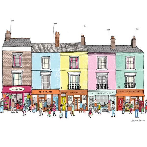 Portobello Road Notting Hill Illustration Print - London Gift - A3 Colourful Quirky Drawing Wall Art