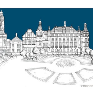 Sheffield Town Hall A3 Print, black and white line drawing illustration, sheffield peace gardens, yorkshire landmark, quirky wall art,