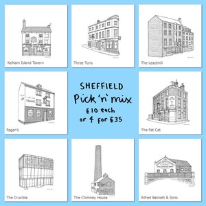 Sheffield Pick & Mix Illustration Prints Collection - Sheffield Pubs, Buildings, Landmarks Illustrations - Black and White 21cm Square