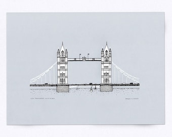 Tower Bridge London Illustration Screen Print - Signed, Limited Edition & Handmade - A3, Grey, black and white