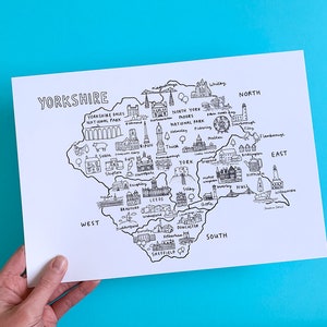 Mapa de Yorkshire - Impresión ilustrada en tamaño A4 - Dibujo lineal de arquitectura y costa en blanco y negro