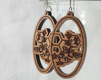 Floral and Bee Wood Dangle Earrings