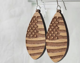 USA American Flag Wood Engraved Earrings, Patriotic Jewelry