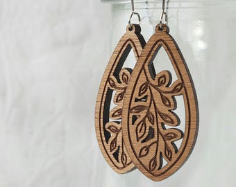 Wood Engraved Leaf Dangle Earrings, Jewelry Plant Lover or Gardener